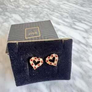 Vintage Avon Sparkling Heart Earrings with Red and Clear Stones